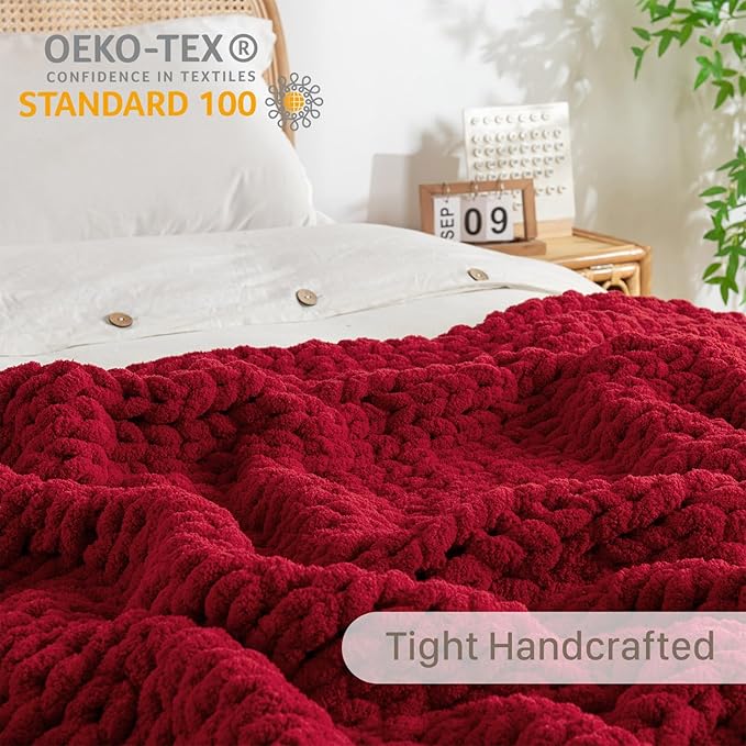 Chunky Knit Blanket Throw, 100% Hand Knit Throw Blanket Handmade Chenille Cable Knit Throw for Couch, Stylish Cozy Soft Rope Knot Crochet Blanket for Home Decor, Red, 50x60 Inches