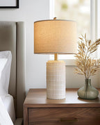 PoKat 23'' Bedside Table Lamp for Bedroom Nightstands, Ceramic Lamp for Living Room, White Night Stand Light with Round Linen Shade, Modern, Silver