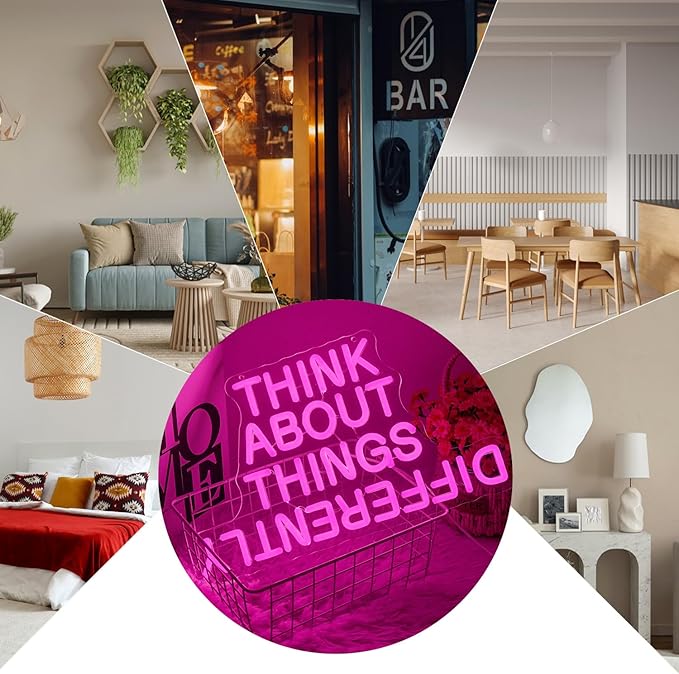 Think About Things Differently Neon Sign, Dimmable Office Neon Light, Pink Letter LED Light Up Sign for Classroom, Bedroom, Office, Study Room, Library Decoration