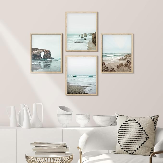 SIGNWIN Framed Rocky Storm Cloud Sky Beach Ocean Wall Art, Set of 4 Landscape Colorful Wall Decor Prints, Nature Wilderness Wall Décor for Living Room, Bedroom - 8"x10" Natural