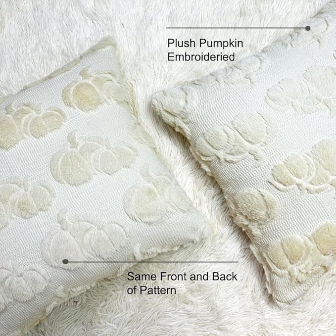 Booque Valley Fall Decorative Pillow Covers Set of 2 Soft Plush Faux Fur Wool Pumpkin Throw Pillowcases for Autumn Halloween Farmhouse Home Decor, 18 x 18 inch, Beige
