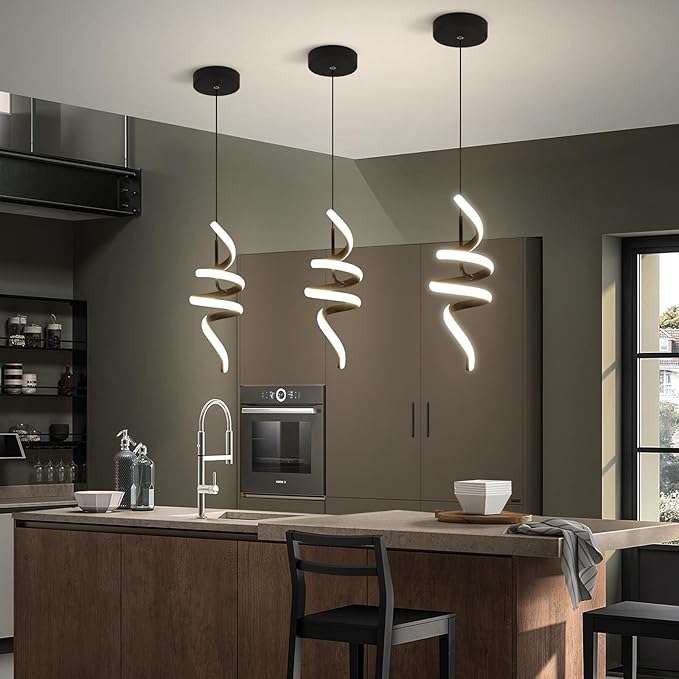 4000K Modern Pendant Light, 15IN Spiral LED Pendant Lights Adjustable Height Black Kitchen Island Fixtures Chandeliers for Dining Room Hanging Lights, 1 Pack
