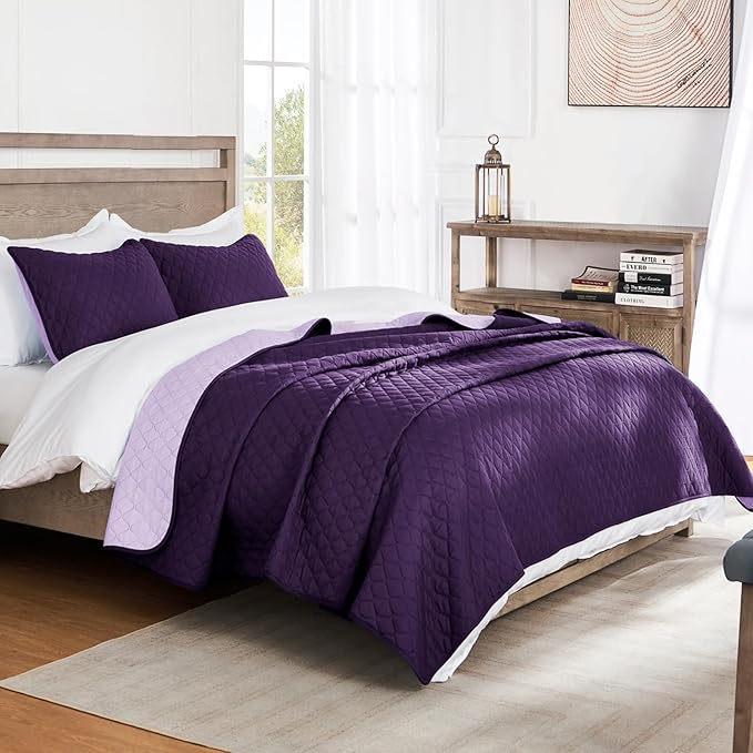 Exclusivo Mezcla Reversible Twin Quilt Bedding Set with Pillow Sham, Lightweight Quilts Twin Size, Soft Bedspreads Bed Coverlets for All Seasons - (Deep Purple, 68"x88")