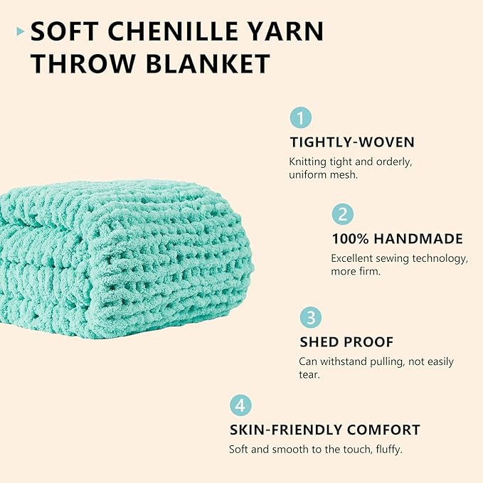 L'AGRATY Chunky Knit Blanket Throw: 50''x60'' Chenille Chunky Knitted Throw Blanket for Bed Couch - Handmade Thick Big Cable Knit Blanket - Large Crochet Rope Blanket for Home Decor(Lake Blue)