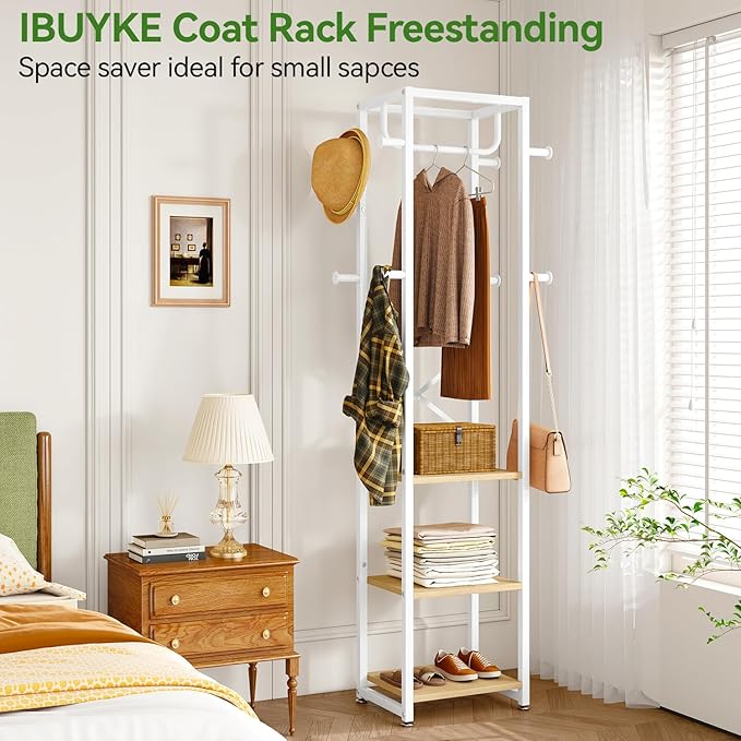 IBUYKE Coat Rack with Shelves, Freestanding Hall Tree with 3 Shelves and 8 Hooks, Industrial Clothes Stand for Entryway, Hallway, Bedroom, Natural UTMJ088R