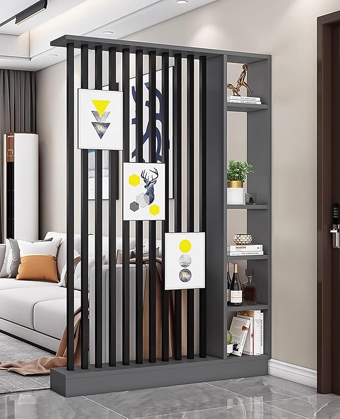 Wall Room Divider, Storage Cabinet Storage Display with Shelves, Modern Freestanding Wood Room Divider Screen, Wall Privacy Screens for Home Decorative (Grey+Black,55" L x 9.5" W x 79.5" H)