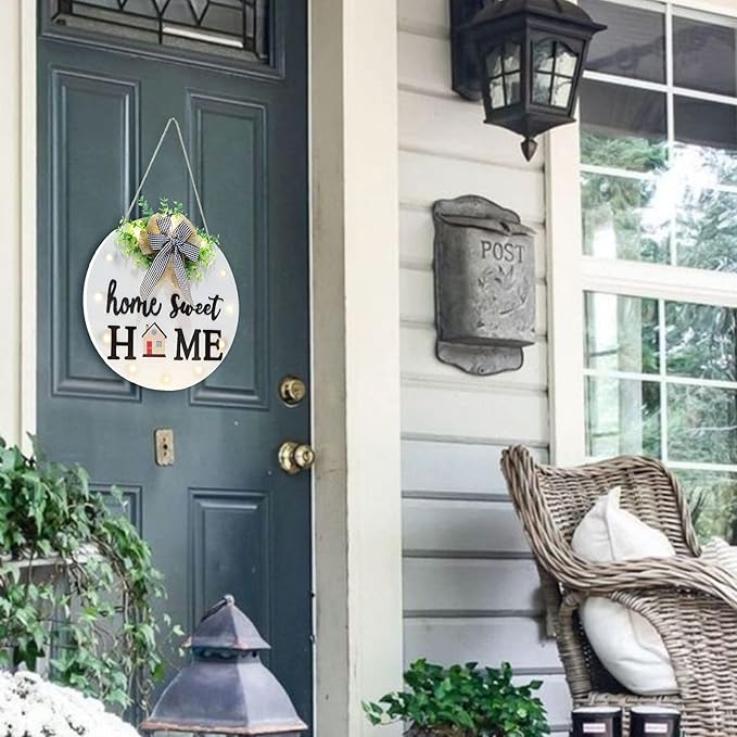 Interchangeable Welcome Sign for Front Door with 14 Changeable Icons, Farmhouse Front Porch Decor Rustic Wooden Wall Sign with 12 LED Lights, Outdoor Seasonal Welcome Home Decorations (White1)