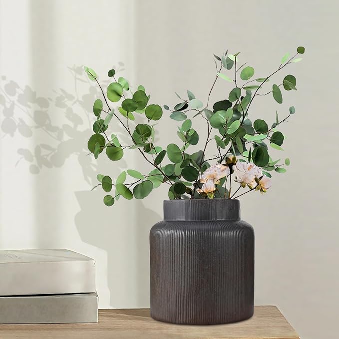 Rustic Vases for Decor, Farmhouse Ceramic Vase for Flowers, Vintage Decorative Vase for Home Decor, Dining Table, Living Room, Shelf, Kitchen, Bedroom (Dark Brown)