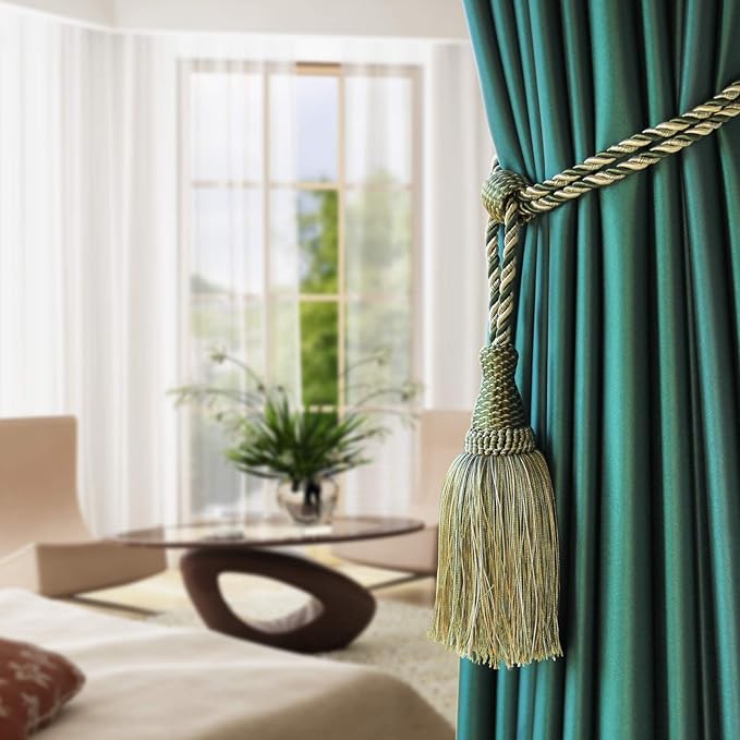 Fenghuangwu Curtain Tiebacks Handmade Elegant Curtain Tie Backs Holdbacks with Tassel for Home Office Decor 2 Pack - Green