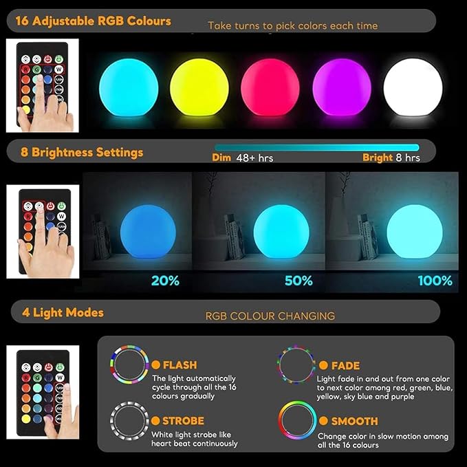 16 Inch Ultra-Fun LED Ball Light, Rechargeable Globe Floor Lamp w/Remote, 16 RGB Color Changing LED Glowing Orb Light, Waterproof Outdoor Ambiance Lighting, Pool Party Garden Patio Decor