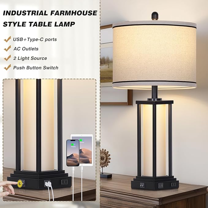 27in Tall Farmhouse Table Lamp Set of 2 with USB C+A & Outlet,Black Industrial End Table Lamp for Living Room,Vintage Rustic Bedside Lamps with Night Light for Bedroom Nightstand,Black
