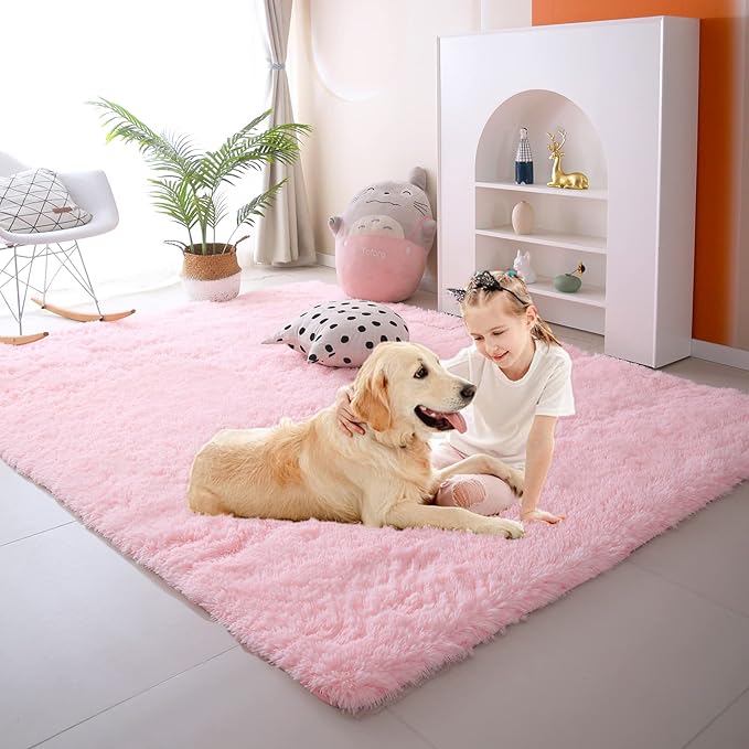 CAIYUECS Light Pink Rug for Bedroom Girls,8x10 Feet Soft Fluffy Shag Area Rugs for Living Room,Large Plush Cute Kids Baby Shaggy Bedside Indoor Floor Carpet for Teen Dorm Room Aesthetic
