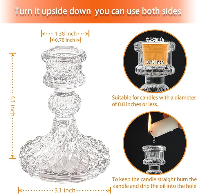 Glass Candlestick Holder,Striped Taper Candle Holders,Set of 6 Candle Stand for Table Centerpieces, Home Decor,Weddings,Festival and Parties (Clear Dimond Pattern)