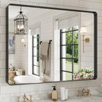 WEER Black Bathroom Mirror for Wall, 50X36 Inch Matte Black Mirror, Rectangular Black Metal Framed Vanity Mirror with Tempered Glass, Rounded Corner, Anti-Rust (Horizontal/Vertical)