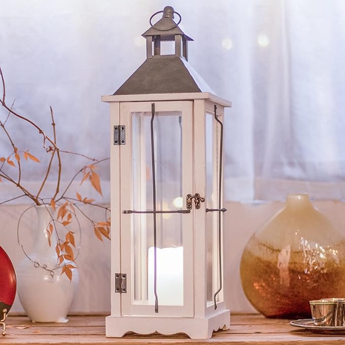 Bdor 26in Farmhouse White IP65 Waterproof Wood Metal Decorative Lanterns with Remote Control, Timer, Tempered Glass, Flameless Pillar Candles, Decorative Lanterns for Home Decor, Front Porch, Wedding
