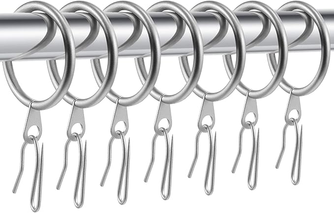 Hotop 30 Pcs Metal Drapery Curtain Rings 0.98/1.26/1.65 inch Interior Diameter and 30 Pcs Hanging Curtain Drapery Pin Hooks for Window Door Shower(32 mm,Matte Silver)