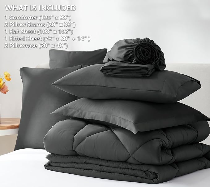 CozyLux Oversized King Comforter Set Dark Grey, 7 Pieces Bed in a Bag Comforter Set with Sheets Luxury Bed Set for All Seasons, Bedding Set with Down Alternative Comforter, Sheets, Pillowcases & Shams