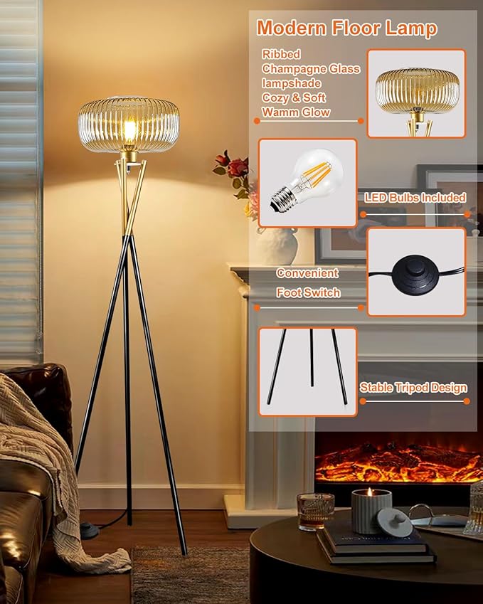 Lightdot Glass Tripod Floor Lamp for Living Room, Modern Gold&Black Standing Lamp with Ribbed Champagne Glass Lampshade, Arc Tall Lamp for Bedroom Office Reading Room, (LED Bulb Included)