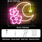 Sakura Moon Star Neon Signs for Wall Decor Cherry Blossom Neon Light Dimmable Flower Aesthetic Wall Art LED Sign for Bedroom Living Room Dorm Decoration Girls Gifts