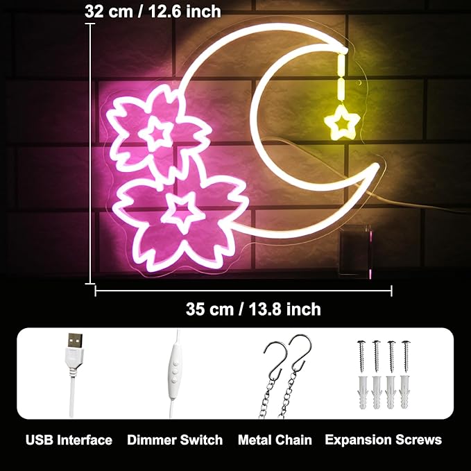 Sakura Moon Star Neon Signs for Wall Decor Cherry Blossom Neon Light Dimmable Flower Aesthetic Wall Art LED Sign for Bedroom Living Room Dorm Decoration Girls Gifts