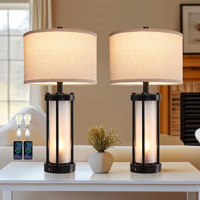 RORIA Set of 2 Modern Table Lamps for Living Room with 2 USB Ports, White Frosted Glass Nightlight for Bedroom, Contemporary Desk Lamps for Nightstand End Table Entryway, 4 Bulbs Included (Black)