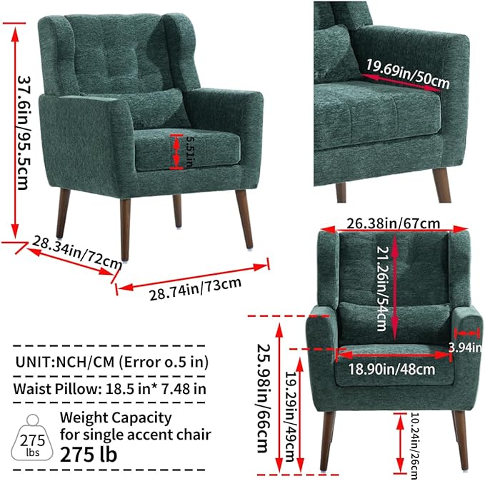 Accent Chair, Comfy Upholstered Living Room Chairs with High Tufted Backrest and Pillow, Wingback Reading Chair with Solid Wood Legs for Bedroom/Office, Chenille Fabric, Blackish Green