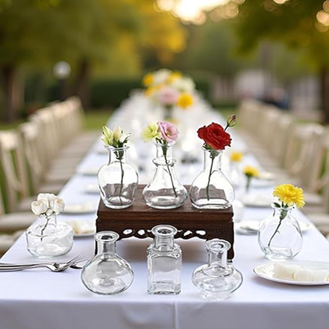 Bud Vases in Bulk Small Glass Clear Vase Set of 8 Different Shape Smooth Surface Vintage Mini Tiny Vases Modern Cute for Flowers Table Wedding Decor Centerpieces Home Party Dining Room
