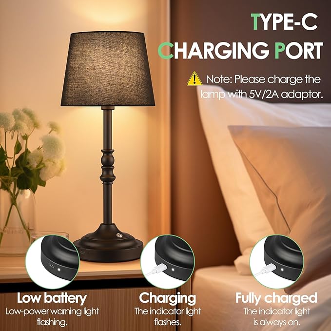 GGOYING Set of 2 Rechargeable Cordless LED Table Lamps, 4-Level Dimmer, Black Portable Desk Lamps with Black Fabric Shades, Night Light for Dining, Bedroom and Patio