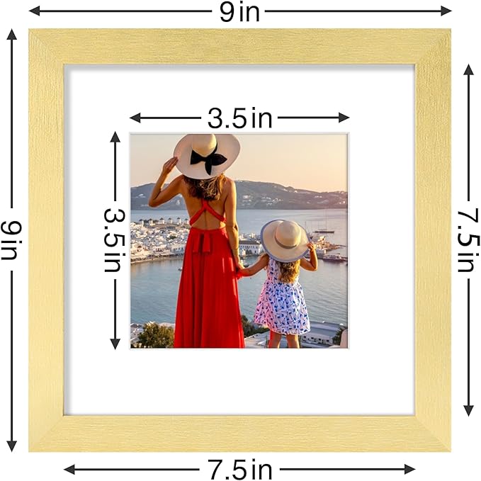 Vittanly 8x8 Picture Frames Set of 9, Shatter Resistant Plexiglass, Display 4x4 Pictures with Mat or 8x8 without Mat, Photo Frames for Wall Mount, Engineered Wood, Gold