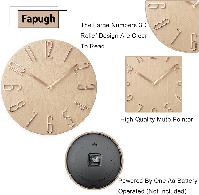 Wall Clock, Silent Clock, Wall Clocks Battery Operated， 12 inch Modern Wall Clock, Suitable for Offices, Living Rooms, Kitchens, Homes, Schools (Beige Without Second Hand)