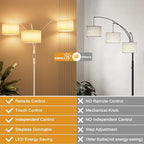 36W LED Arc Floor Lamp with 3 White Fabric Shades, 3001LM Super Bright Standing Lamp with Remote Control & Touch, Stepless Dimming, Individual Light Control for Living Room, Bedroom