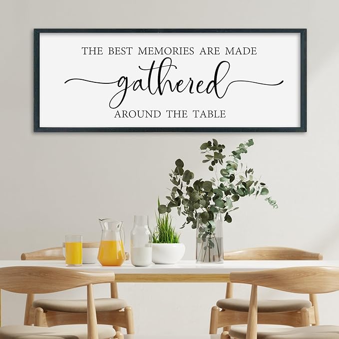 SRSZHIYUE The Best Memories Are Made Gathered Around The Table Sign Wall Decor Art 32"×12" for Kitchen Dining Room Large Wood Framed Wall Hanging (Black)
