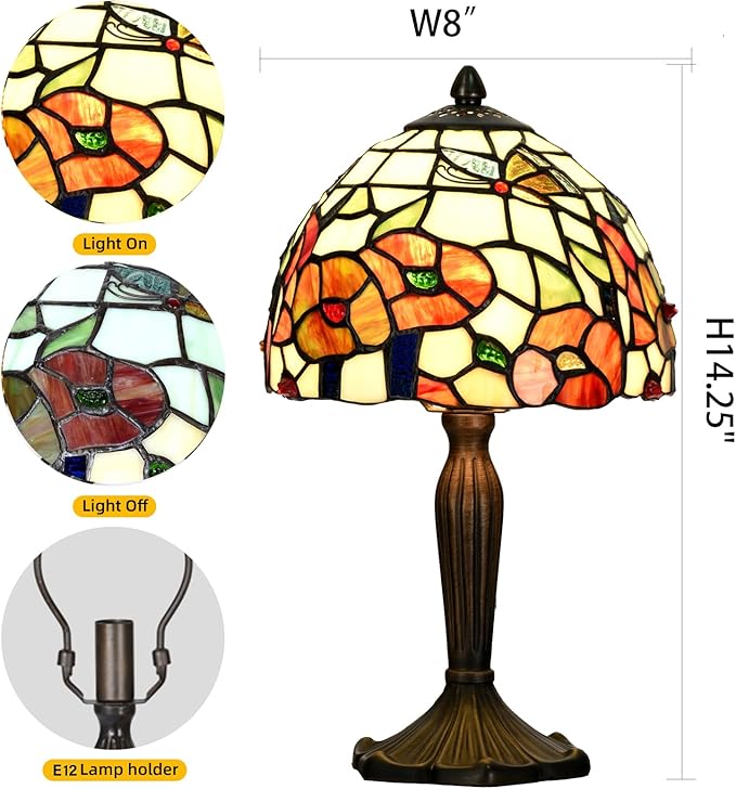 TL0029 Tiffany Style Table Lamp Stained Glass Floral Shade with Bronze Base Vintage Art Deco Desk Light for Bedroom Living Room Decor (Blossom)