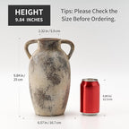 9.84 Inch Ceramic Vase with Handles, Tuscan Decor Antique Terracotta Vase, Rustic Decorative Flower Vase for Home Decor, Farmhouse, Living Room, Table, Bedroom, Office, Entrance- Gray