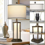 27" Tall Vintage Table Lamp with USB C+A & Outlet,Bronze Industrial End Table Lamp for Living Room,Farmhouse Rustic Bedside Lamp with Frosted Glass Night Light for Bedroom Nightstand,Bronze-1P