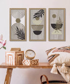 Putuo Decor Boho Abstract Wall Art, Set of 3, Modern Geometric Botanical Wooden Wall Decor, Mid-Century Minimalist Framed Artwork, Neutral Toned Aesthetic Prints, for Living Room, Bedroom, Office