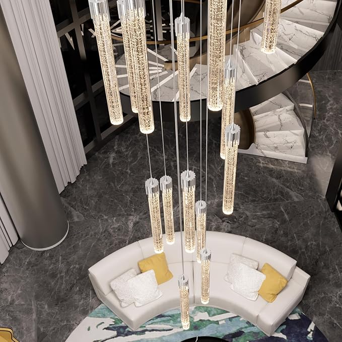 H138 High Ceiling Chandeliers for Foyer 12 Lights Crystal Bubble Column Chandelier for Living Room and Dining Room LED Pendant Lighting