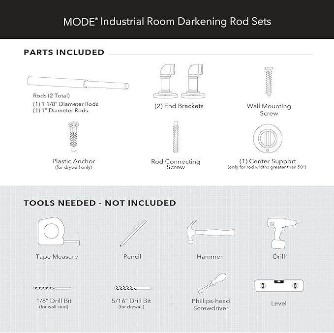 MODE Industrial Room Darkening Collection 1 1/8" Diameter Industrial Curtain Rod Set with Steel Wall Mounted Adjustable Curtain Rod, Blocks Light, Fits 36” to 72” Windows, Brushed Gold