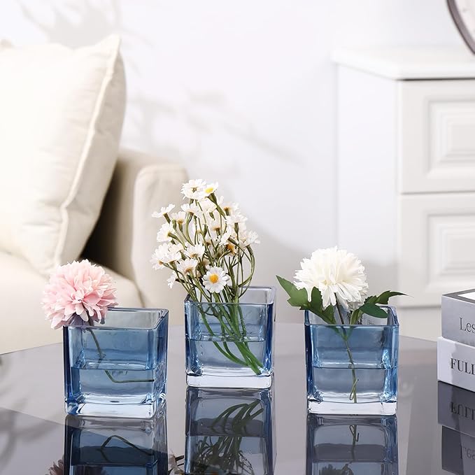 Square Vases Set of 6, 3"x 3"x 3" Glass Vases for Flowers, Square Flower Vase for Centerpieces, Small Blue Vase for Wedding, Party, Home Office Decoration