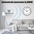 Geevon 12 Inch Atomic Wall Clock - Self-Setting Analog Clock with Automatic Time Sync - Battery Operated for Home Office School - Silver Frame
