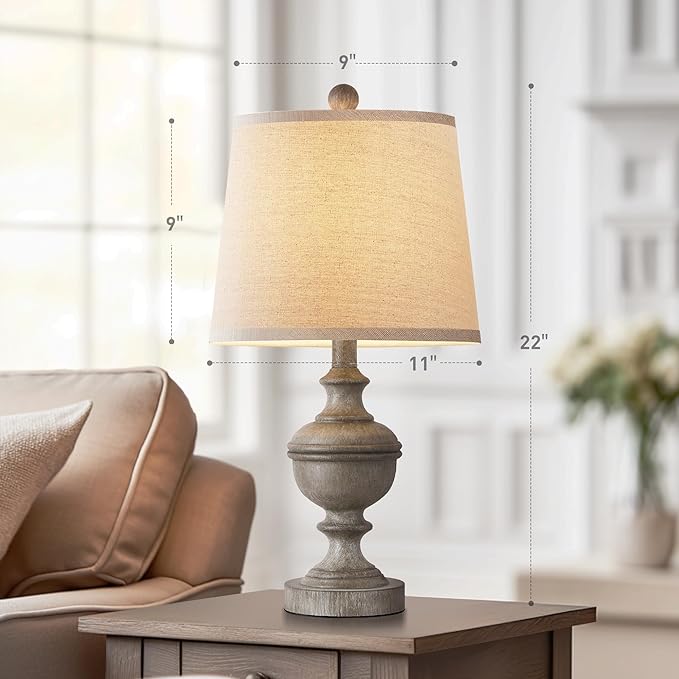 PARTPHONER Retro Table Lamps Set of 2, Bedside Lamp for Bedroom Rustic Farmhouse Table Lamps for Living Room, Vintage Nightstand Lamps with White Shades, Grey