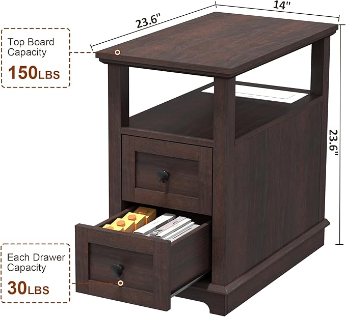 HIFYOBRO Narrow End Table with Flip Top Charging Station Set of 2, Side Table with 2 Drawers, Type-C & USB Port & Power outlets, Wooden Storage Cabinet for Living Room and Bedroom (Espresso)