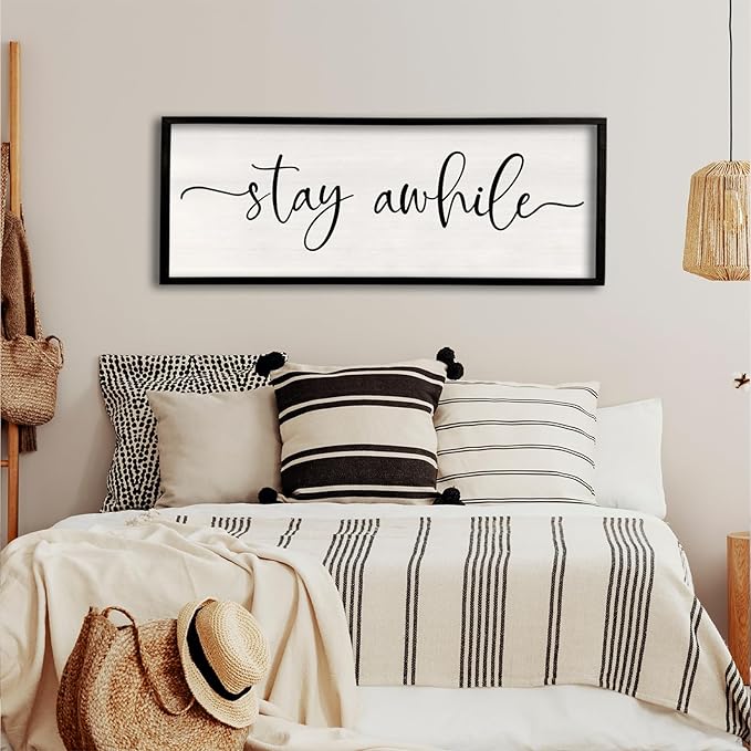 Stay Awhile Sign Wall Decor 32"X12" Large Solid Wood Frame For Hallway Living Room Entryway Farmhouse Wall Art Lets Stay Family Home Rustic Hanging Decoration (Black)