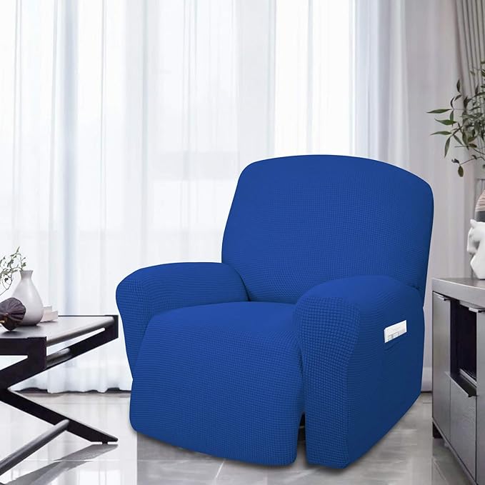 Easy Going 4 Pieces Oversized Recliner Stretch Sofa Slipcover Furniture Protector Klein Blue Couch Soft with Elastic Bottom Polyester Sp&ex Jacquard Fabric Small Checks Classic Blue,X Large