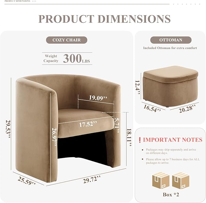 Mid-Century Velvet Living Room Chair Set of 2 with Storage Ottoman, Space-Saving Accent Chairs for Bedroom/Reading Spaces/Office, Khaki