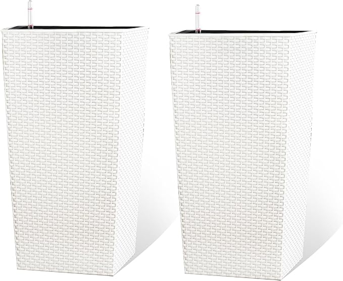 2Pcs 23in High Large Plant Pots Planter-Self-Watering,Modern Planter with Drain Holes,Water Level Monitor,Inner Bucket for Indoor/Outdoor Front Porch Patio,White Rattan