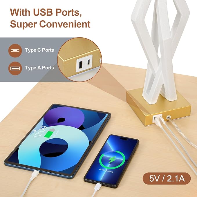 Sculptural Table Lamp Set of 2 for Bedroom, 26” White Modern Bedside Lamps for Living Room, White Linen with Gold Trim Shade, Dual S Nightstand Lamp Metal Base with USB for Home Decor (Bulbs Included)