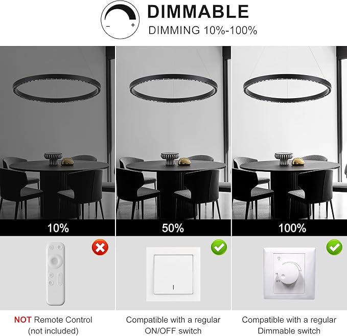 Black Modern LED Chandelier 1-Ring Circular Pendant Light 6000K 36W Dimmable Hanging Light Fixtures for Dining Room Kitchen Island Bedroom Living Room Foyer Stairway