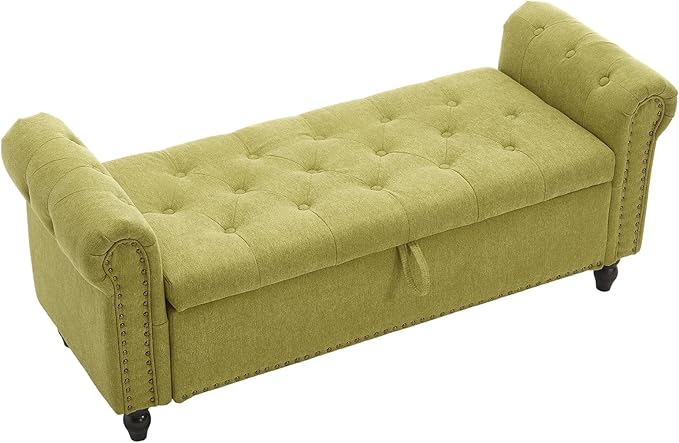 Furniliving 55” End of Bed Bench, Bedroom Bench with Button-Tufted, Large Upholstered Storage Ottoman Benches Entryway Bench with Storage Shoe Cabinet Bench, for Bedroom, Living Room, Linen, Green