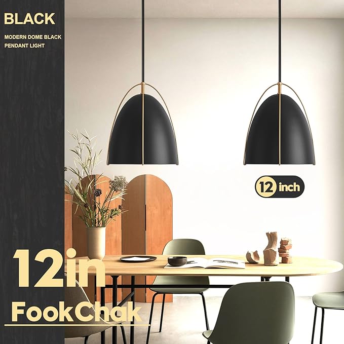 Black Dome Pendant Light 3 Light Socket Large Pendant Light Fixture with Adjustable Pendant Rod 12in Black Gold Pendant Lighting for Kitchen Island Dining Room Kitchen Sink, E26